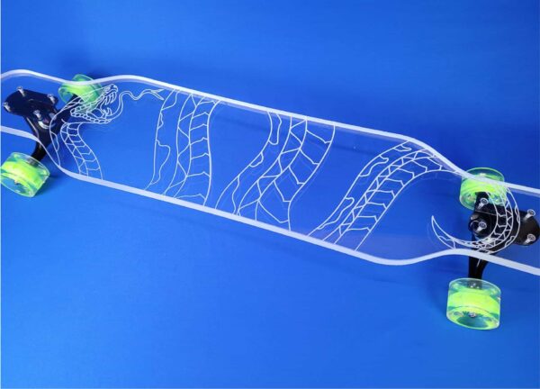 Closeup of the clear Viper longboard from Ghost Boards.