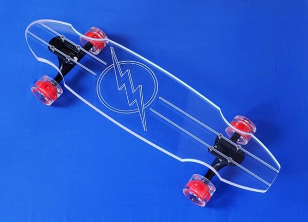 Clear acryllic longboard with the flash's symbol. Choose your own truck and wheel colors!