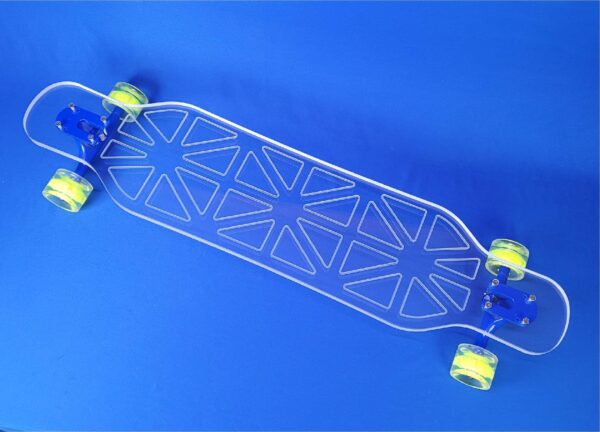 clear longboard with a maui, criss-cross design.