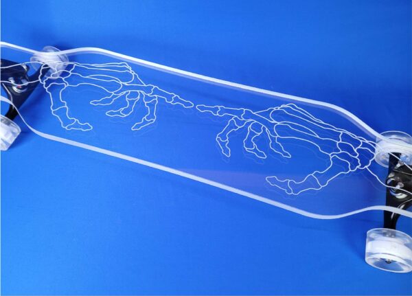 Skeleton hand 40 inch clear platypus shaped longboard by Ghost Boards