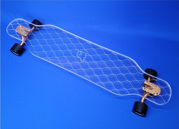 Chainlink fence design on a clear longboard with our Ghost logo.