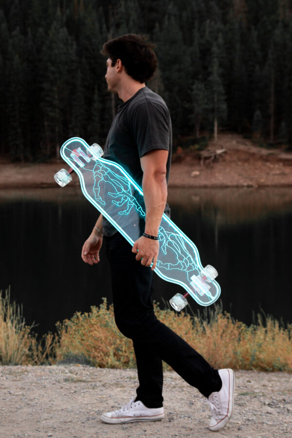 Electric LED Skeleton Hands Custom Ghost longboard. Clear acrylic skateboards